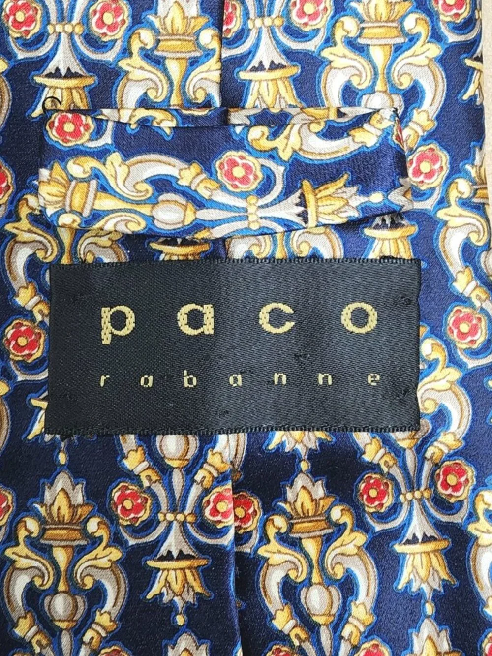 Paco Rabanne VTG Men’s Necktie Navy Blue Gold Floral Baroque Silk Print Italy